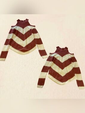 Striped Cold-Shoulder Knit Sweater - Cream & Brown